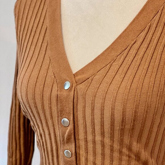 Mustard Brown Ribbed Knit Crop Long Sleeve & High waist Pencil Skirt Coords Set - Picture 2 of 7